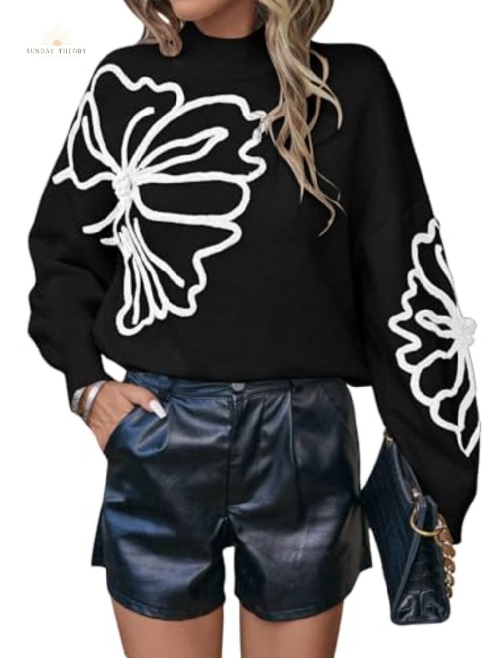 Floral Sweater Mock Neck Long Sleeve Drop Shoulder Pullover Top